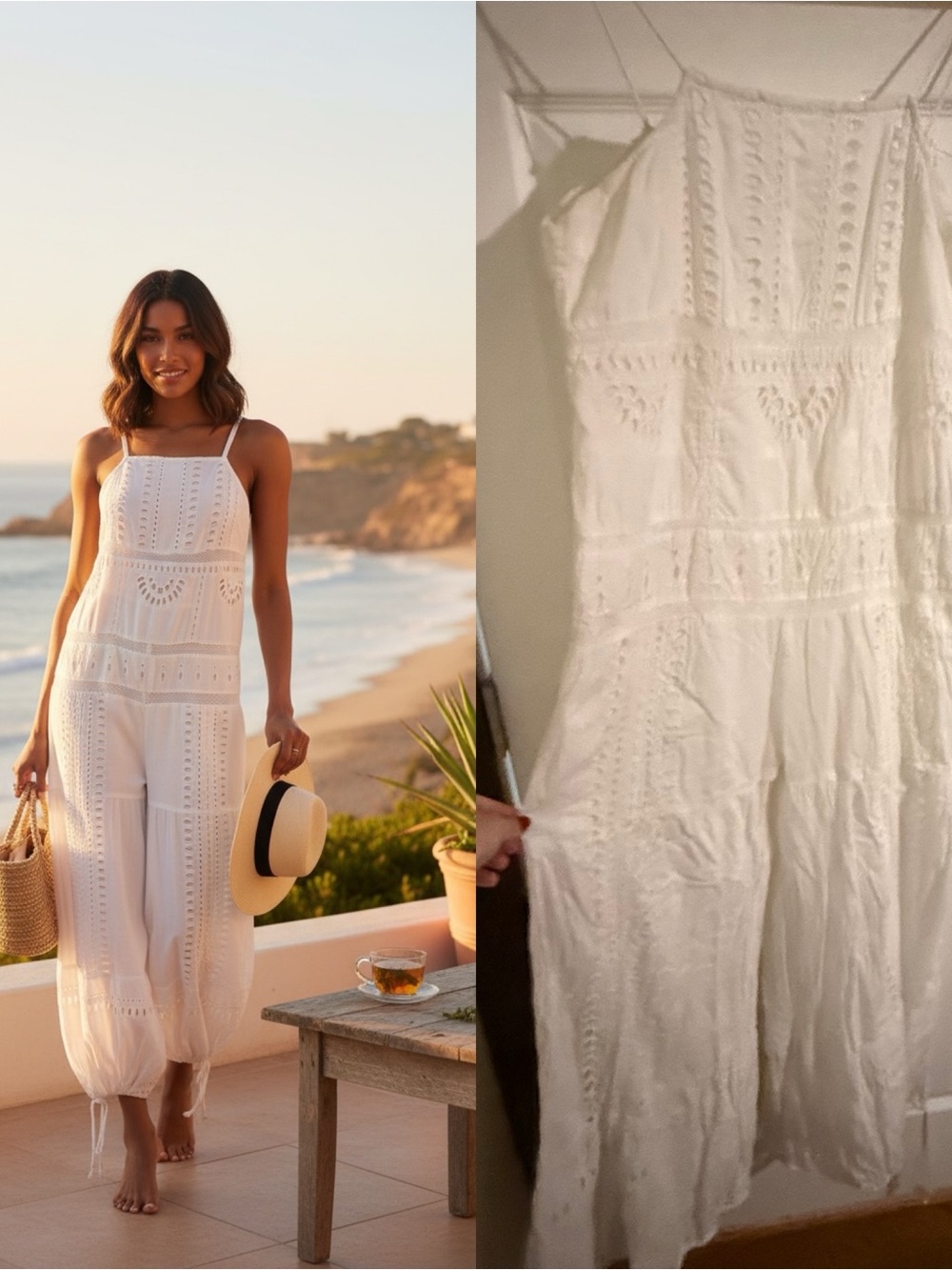 Free People Savannah Lace Jumpsuit White Eyelet Cotton Balloon Leg Size Medium